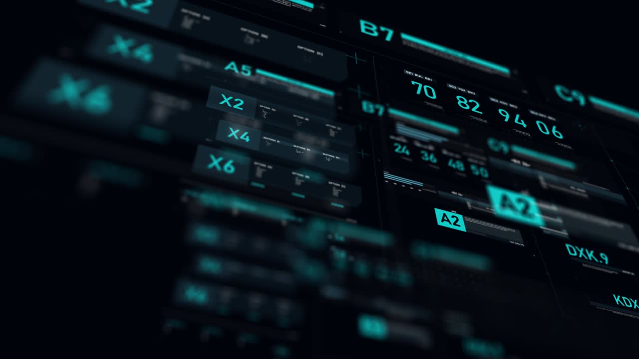 Futuristic user interface HUD GUI digital text number element for cyber technology concept with shallow depth of field dark and grain processed