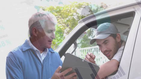 Statistical-data-processing-against-senior-male-worker-and-delivery-man-discussing-over-clipboard