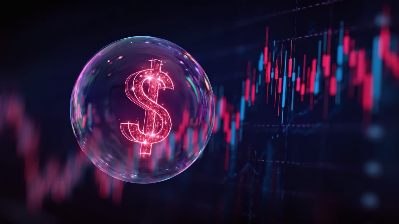 Una visualizzazione accattivante delle dinamiche finanziarie con un simbolo del dollaro racchiuso in una bolla, sovrapposto a tendenze del mercato azionario e fluttuazioni di dati.