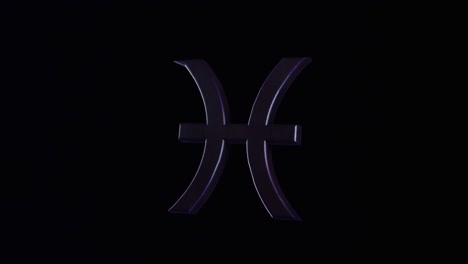 zodiac sign pisces, water element sign of dark purple color moving on black background. animation. astrological zodiac symbol pisces flowing in the dark, seamless loop