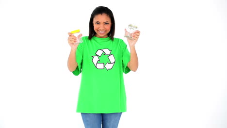 active beautiful environmental activist showing two jam jars