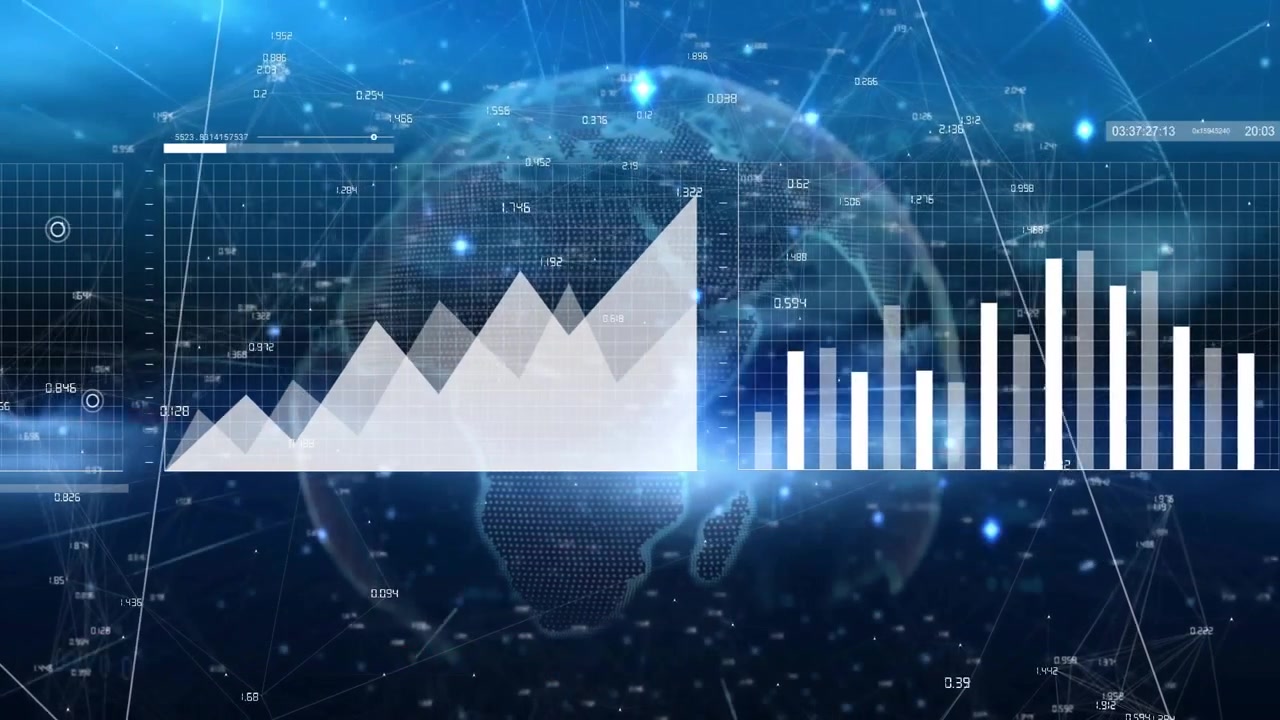 At startup holographic globe rotating with data lines orbiting and rising charts showing trends