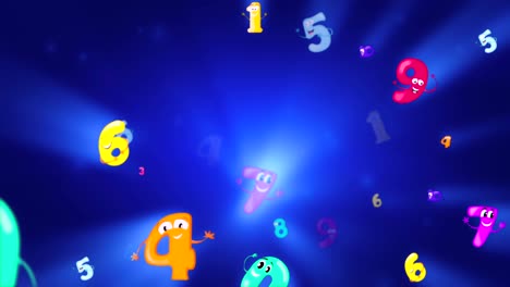 bright kids digits characters with funny emotions and glowing effect smoothly moves on the blue background. 3d seamless loop animation.