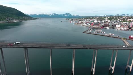 bridge of city tromso, norway aerial footage