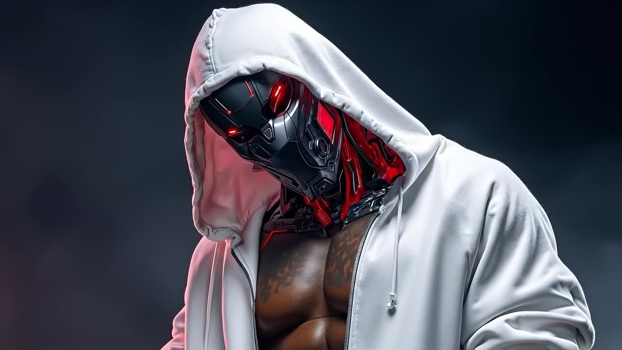 A man in a white hoodie with a red mask on his face