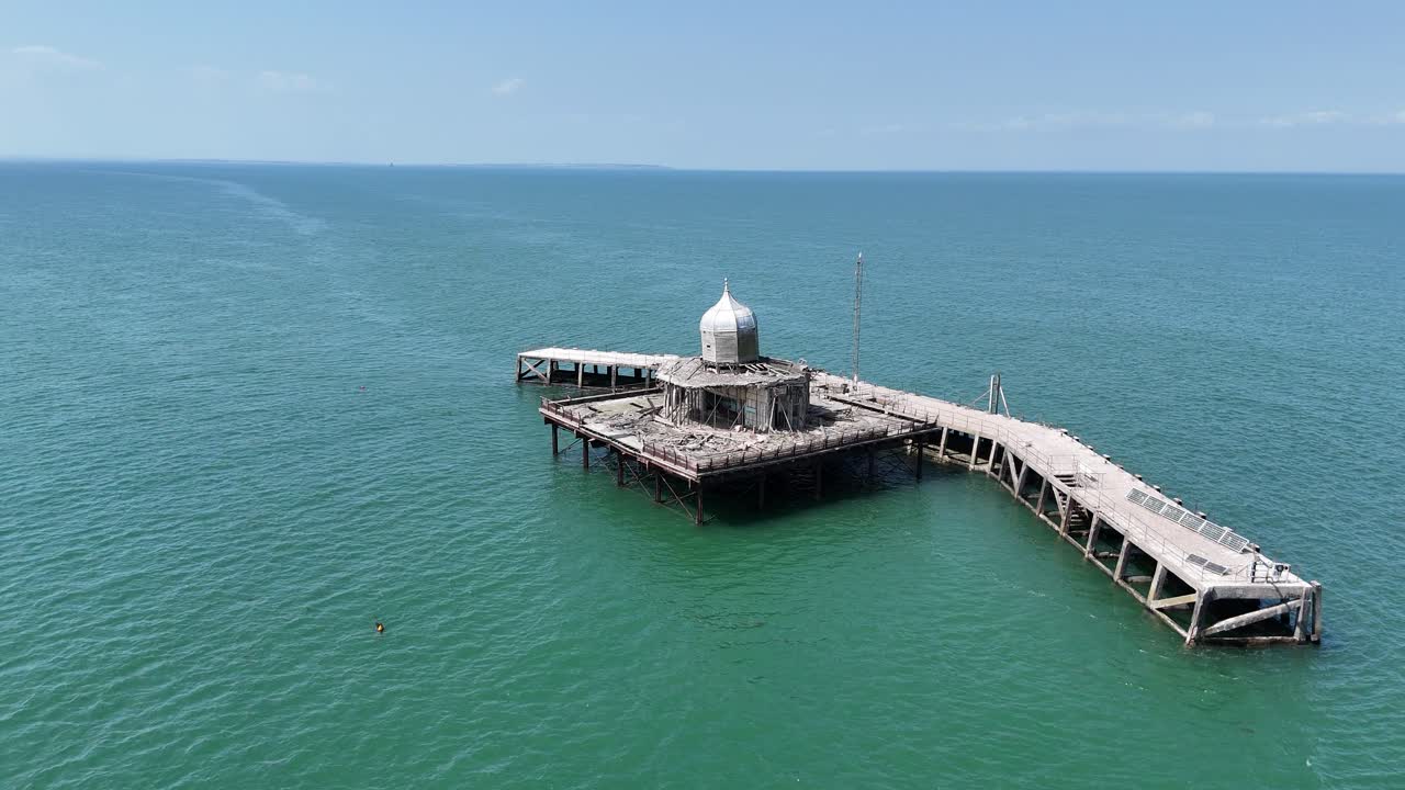 Herne bay derilict pier head in English Channel drone,aerial calm day blue sky