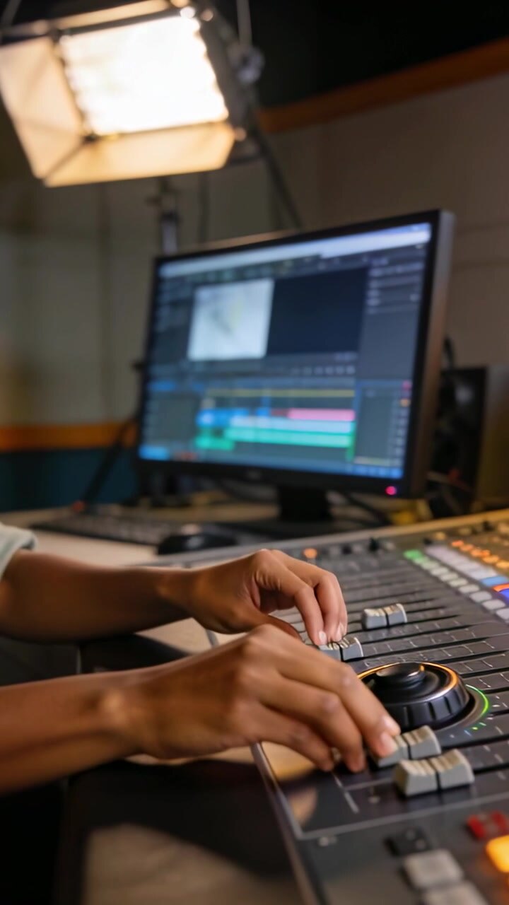 Vertical video: Playback starting, editor turning jogwheel and faders at desk editing, denim shirt