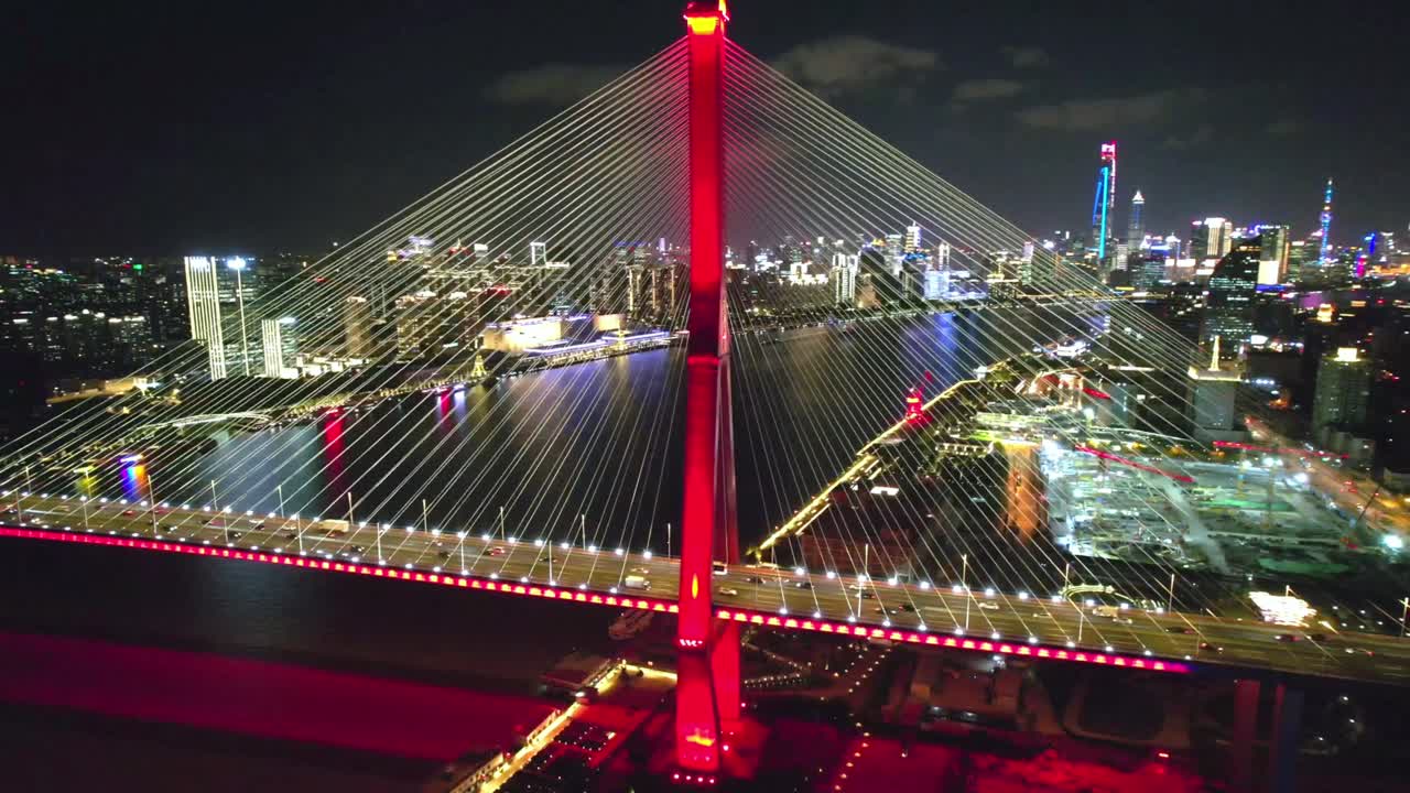 Aerial shot of Yangpu bridge in north bund shanghai with the iconic skyscrapers in the background