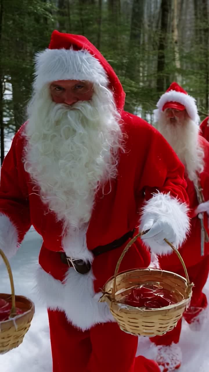 A Heartwarming Adventure in a Winter Wonderland: Joyful Figures Dressed as Santa Claus with Baskets of Treats Embarking on a Festive Journey through the Snowy Forest