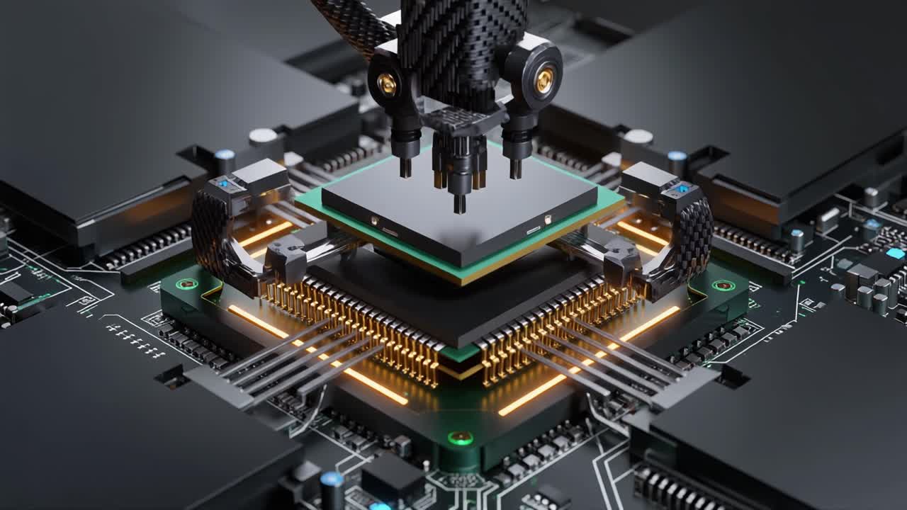 Robotic Arm Installing Computer Chip on Circuit Board