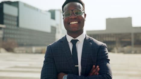 happy, crossed arms and face of professional black