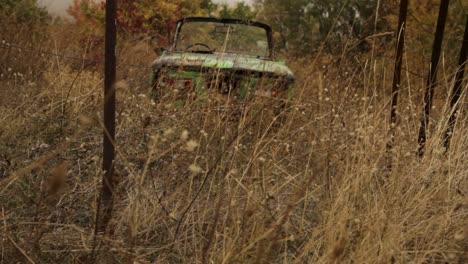 abandoned green car in a field