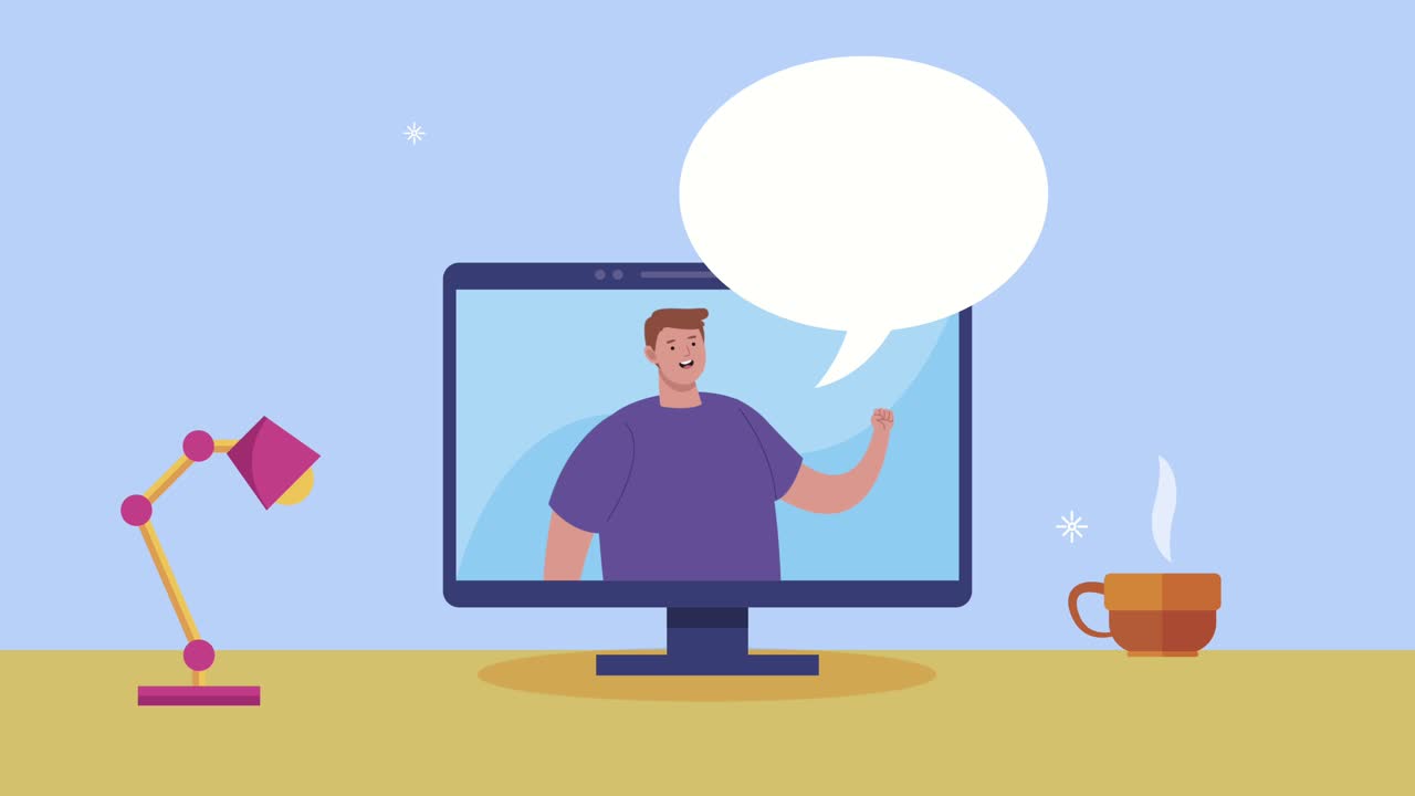 young man in desktop speaking character