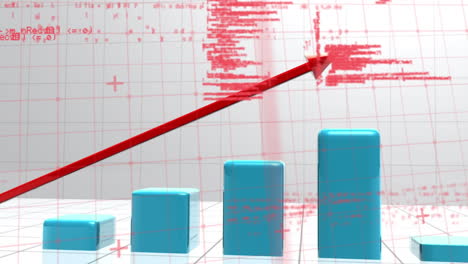 animation of red arrow ascending with statistics and data processing on grid on white background