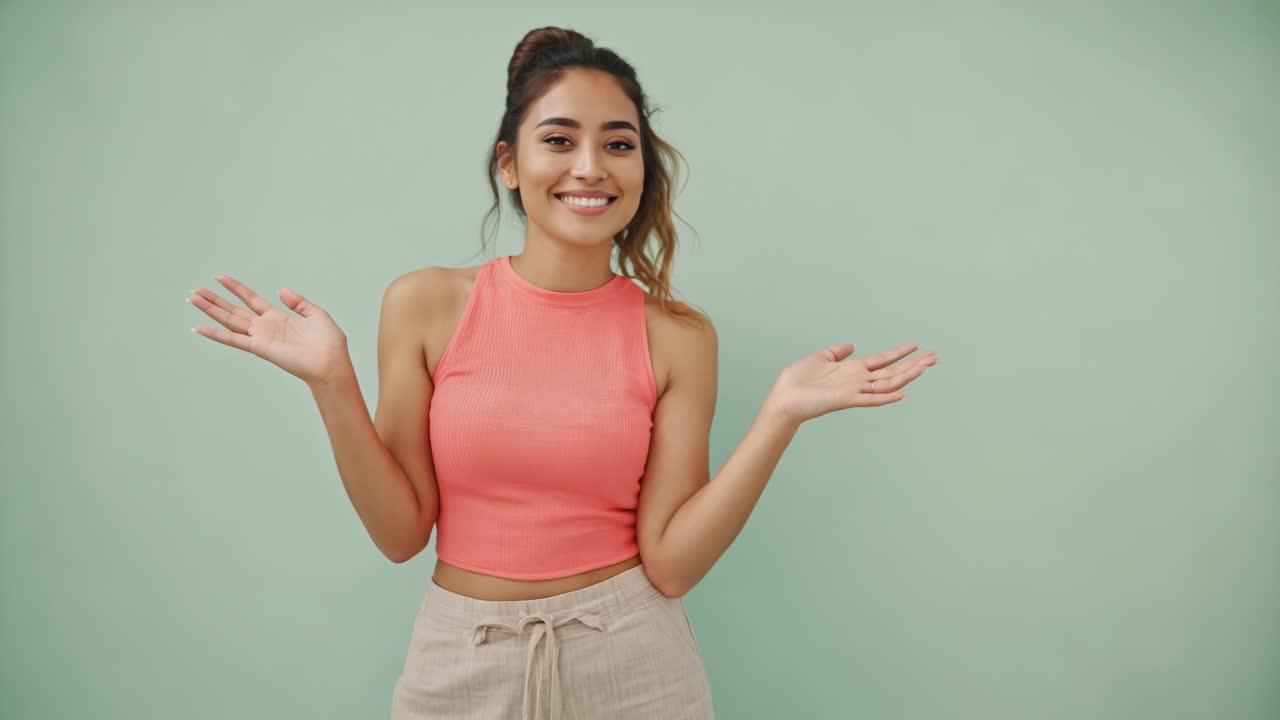 Studio portrait of a beautiful young woman with long brown hair tied up in a bun, wearing a pink top and beige pants, smiling and showing something with her hands on a green background