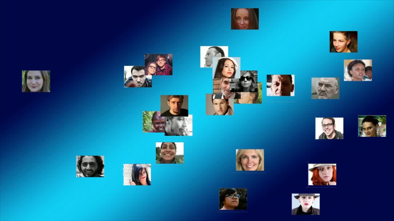 Ritratti multipli di persone diverse su sfondo blu.