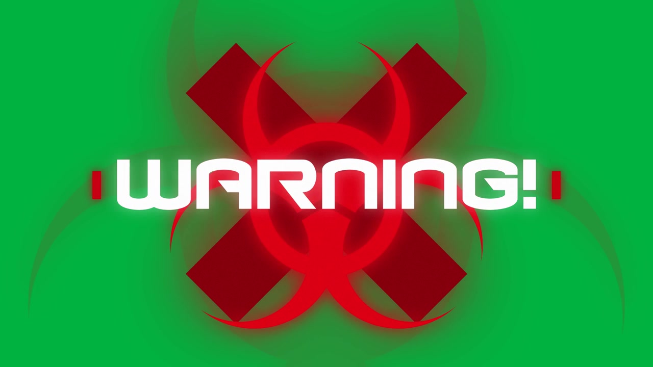 Frame-two cue starting alert graphic fading in, pulsing, fading out, warning on transparent canvas
