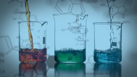 laboratory beakers with data and structural formula of chemical compounds in the foreground