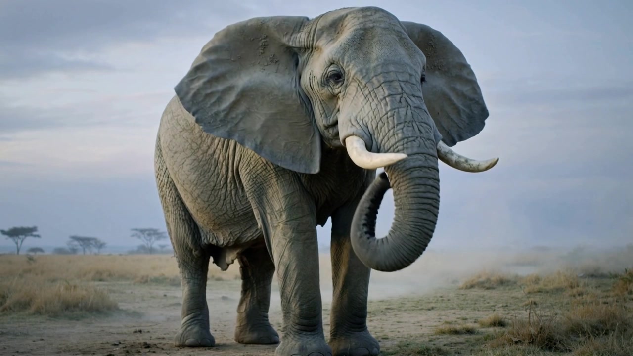 Mærker vindstød, voksen afrikansk elefant løfter og krøller snabel på tør savanne, viser buede stødtænder.