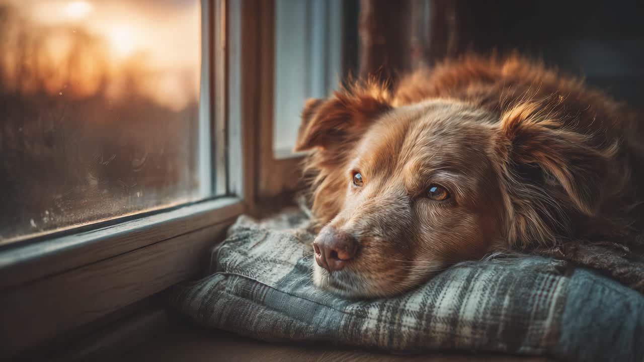 A Golden Dog Enjoying a Serene Sunset While Resting Comfortably on a Cozy Pillow by the Window, Capturing a Moment of Peace and Tranquility
