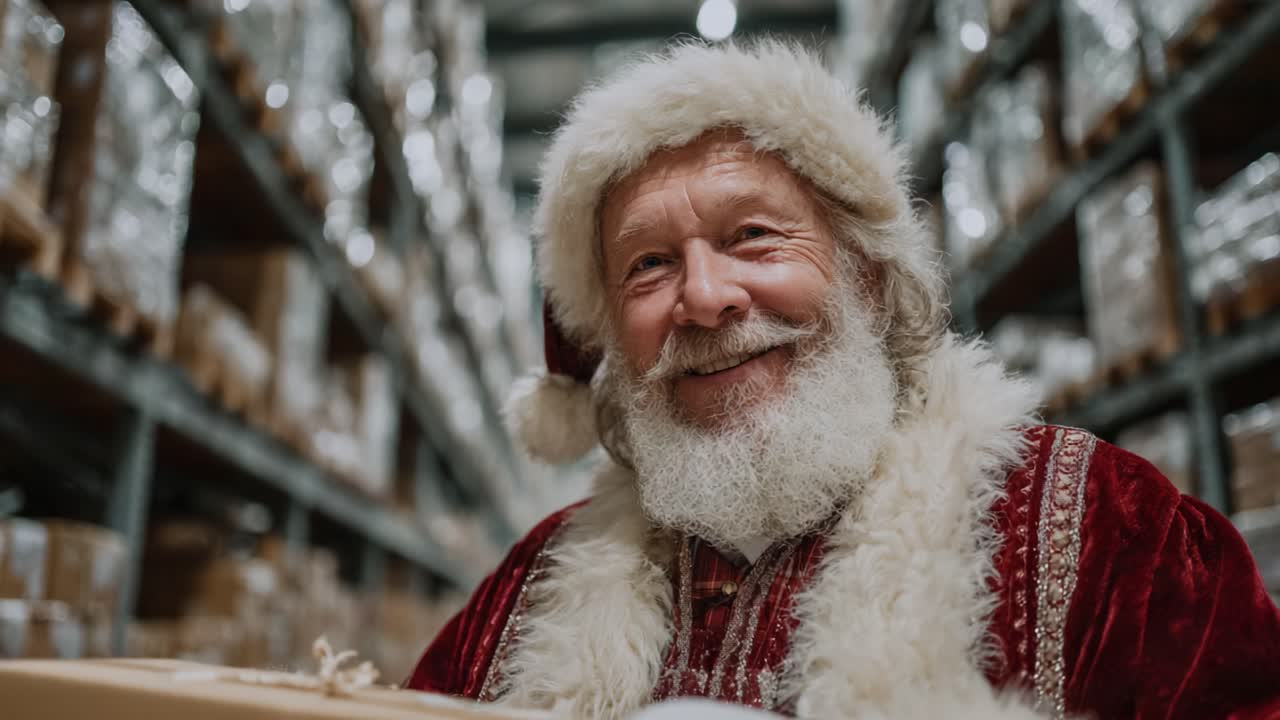 Santa Claus Smiling Joyfully While Holding a Gift in a Busy Warehouse Filled with Presents, Capturing the Spirit of Holiday Cheer and Generosity