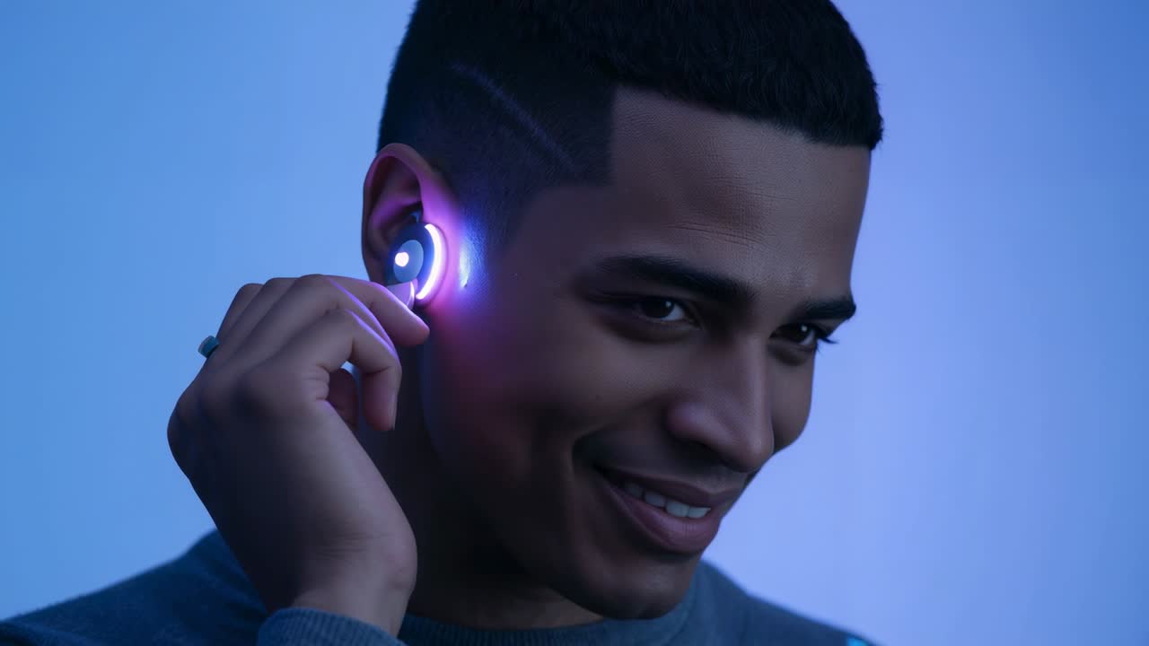 Homme adulte portant un pull bleu et utilisant un appareil auditif sans fil pour changer la couleur LED en studio, appairage