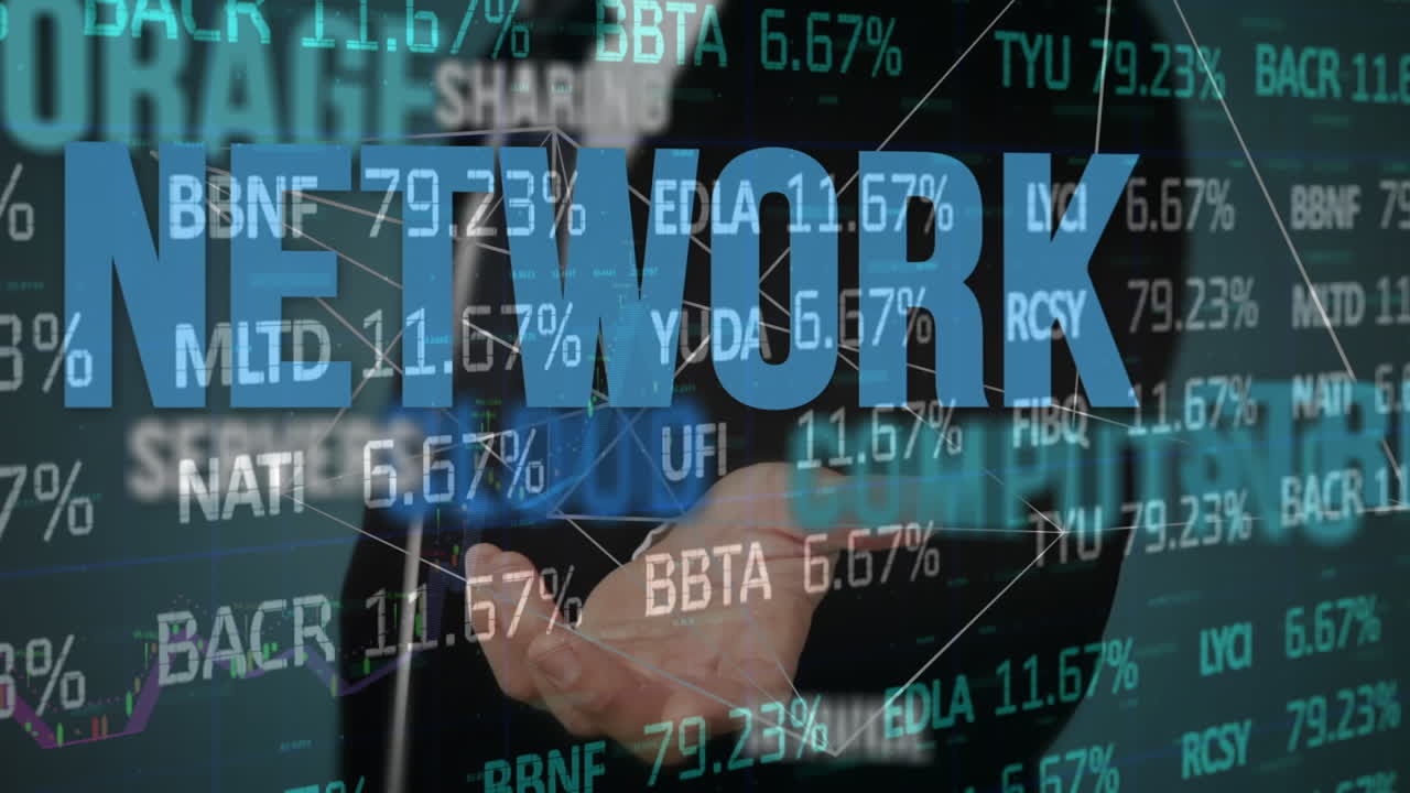 사업가의 애니메이션과 금융 데이터를 처리하는 인터페이스