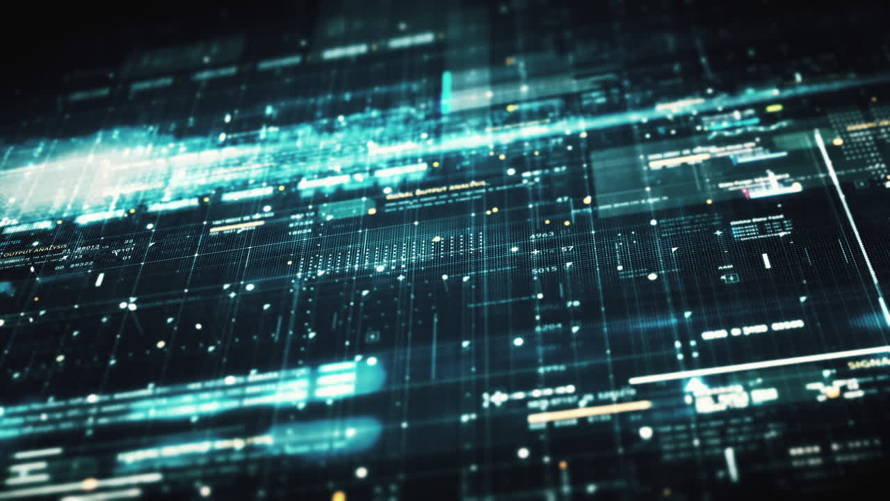 Advance data matrix, telemetry and encrypt numbers simulation user interface display in cyber space abstract de-focus environment background