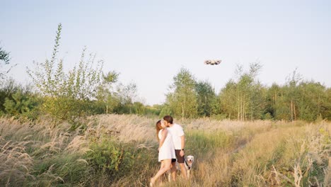 beautiful couple with dog at countryside meadow, drone fly around, czechia