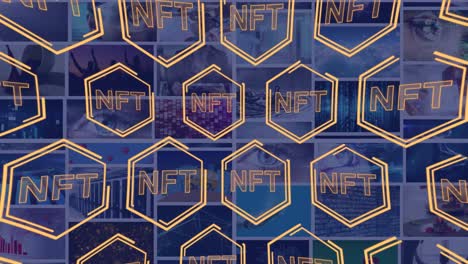 animation of nft in hexagons over diverse photos in background