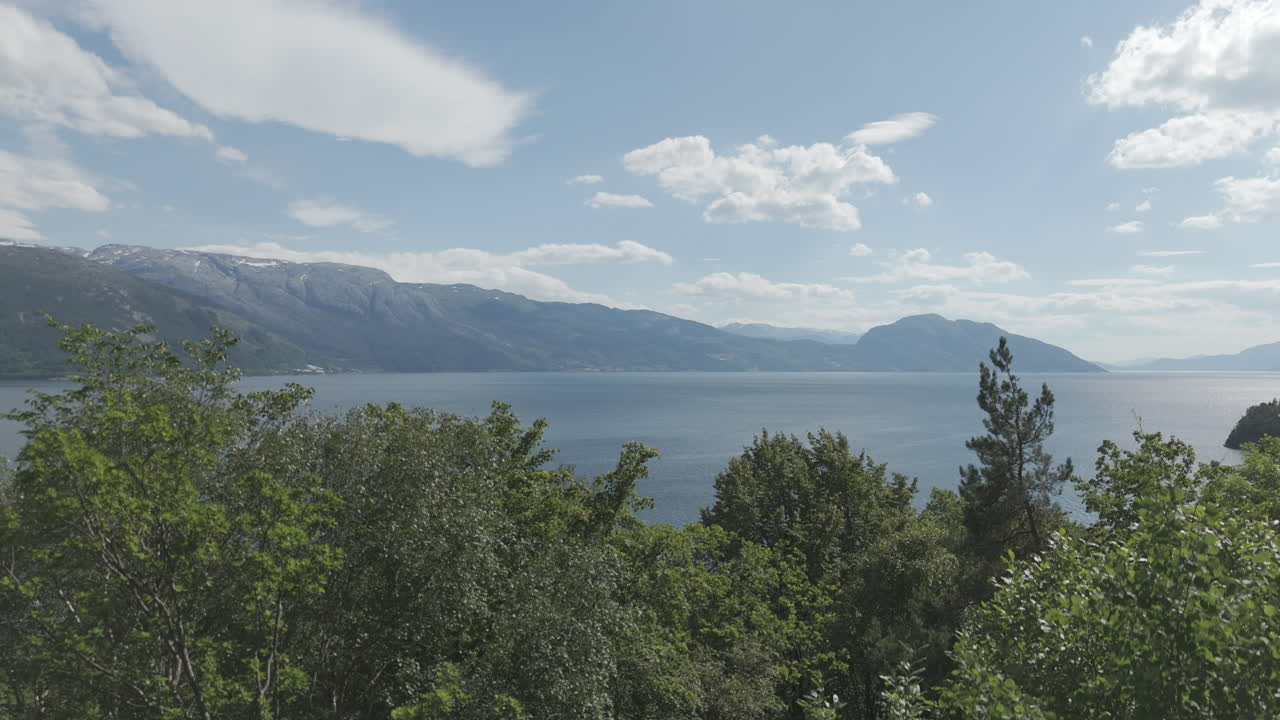 Revealing slowmotion drone shot coming from behind the trees looking over the Fjords in Norway on a sunny and cloudy day with mountains and green in the background and reflecting water LOG