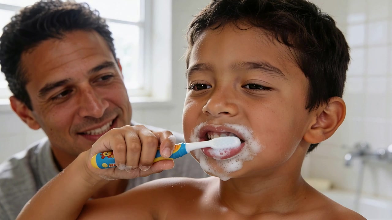 Placing toothbrush into mouth, shirtless boy brushing teeth at sink for oral care, father watching