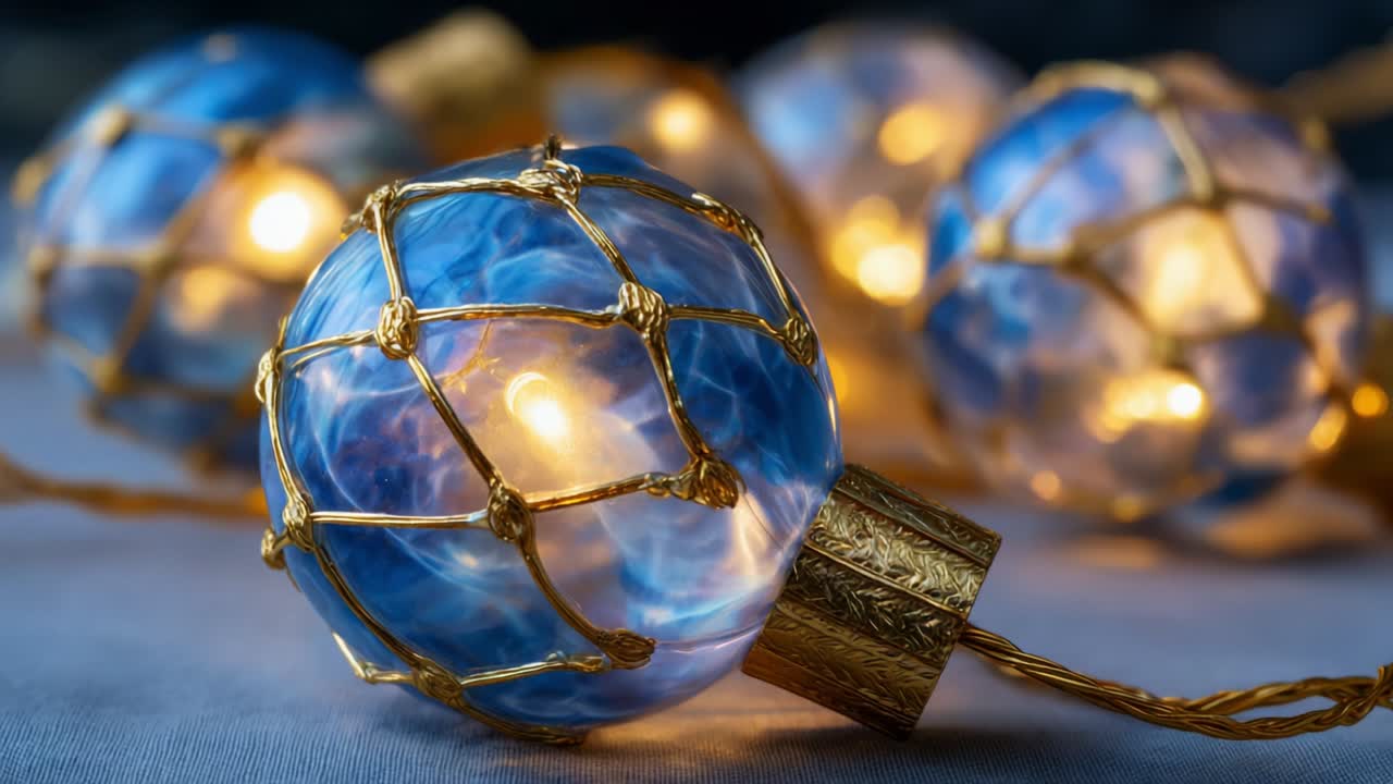 A Stunning Display of Elegance: Beautifully Crafted Decorative Light Bulbs Featuring Captivating Blue Patterns and Intricate Golden Netting, Perfect for Enhancing Any Space with a Touch of Charm and Warmth