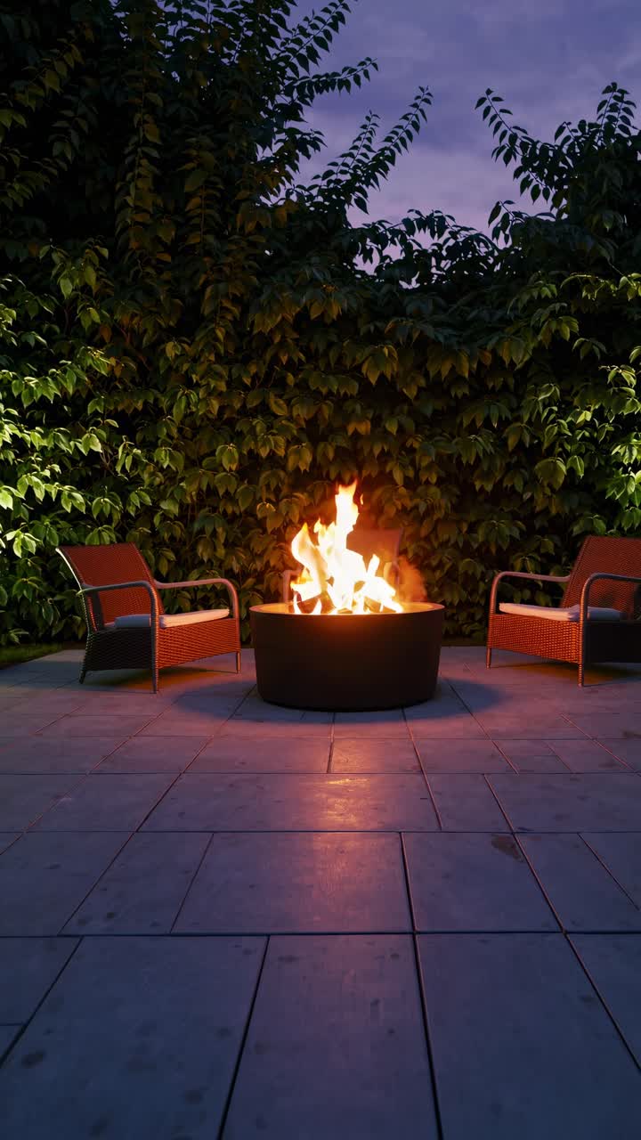 A cozy outdoor fire pit scene with two chairs, captured at eye level