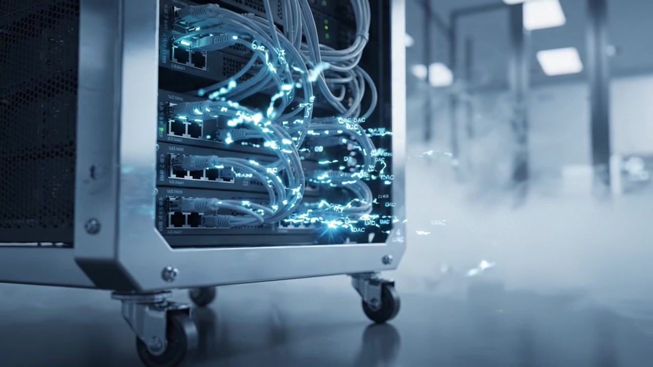 Futuristic data center environment showcasing advanced server technologies with illuminated circuits and ethereal mist, representing progress in digital connectivity.