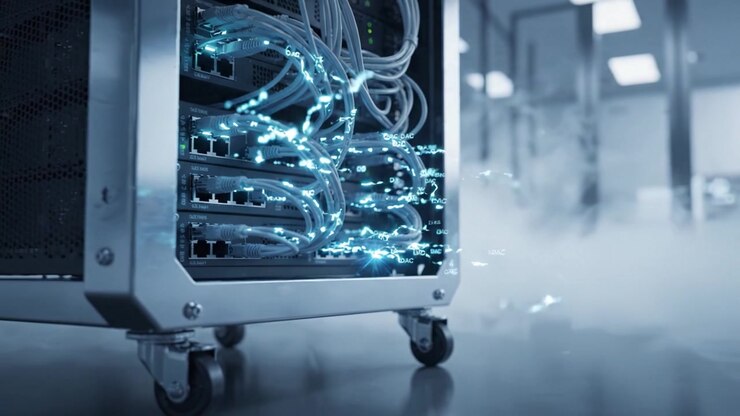 Futuristic data center environment showcasing advanced server technologies with illuminated circuits and ethereal mist, representing progress in digital connectivity.