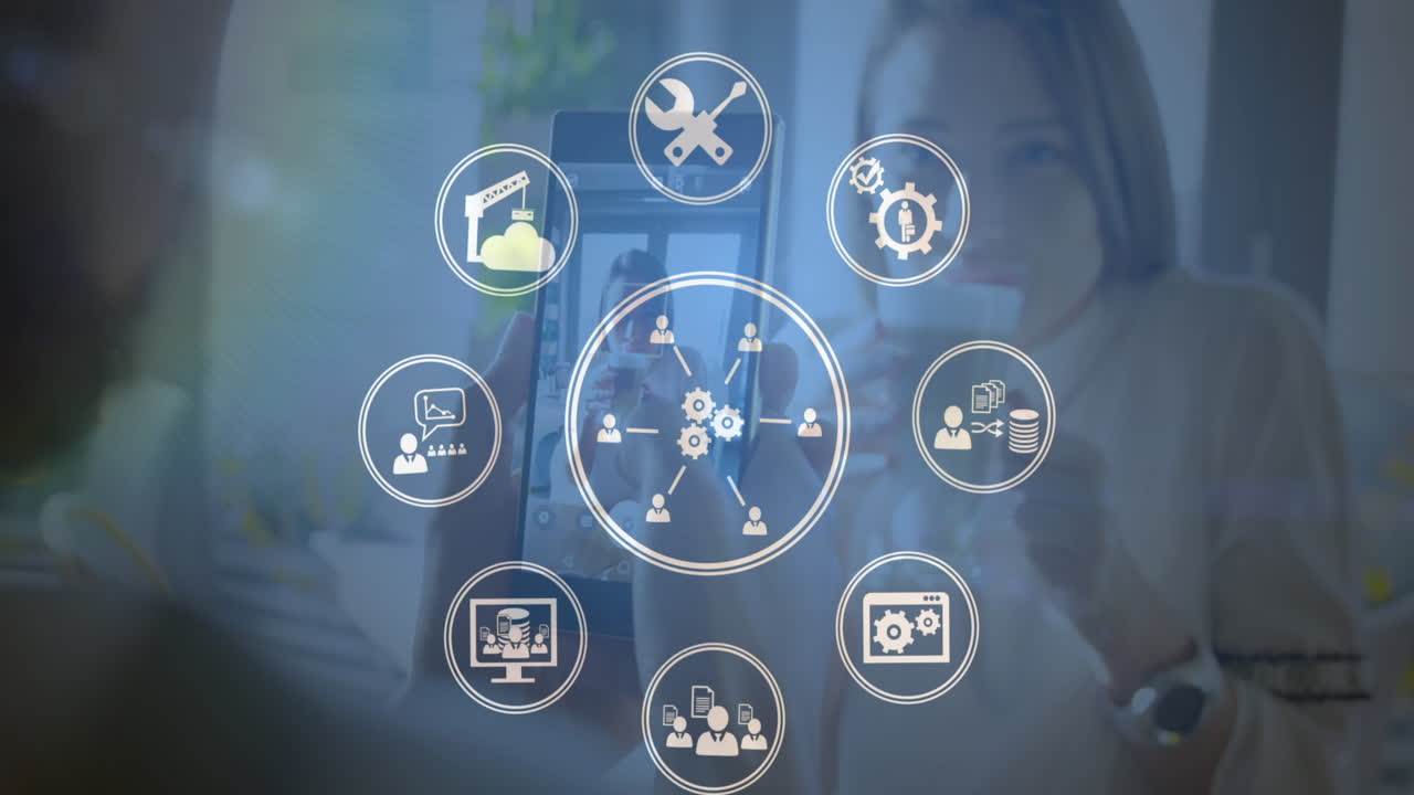 카페에서 백인 여성의 사진을 찍는 남자의 뒤쪽 시야에서 디지털 아이콘의 애니메이션