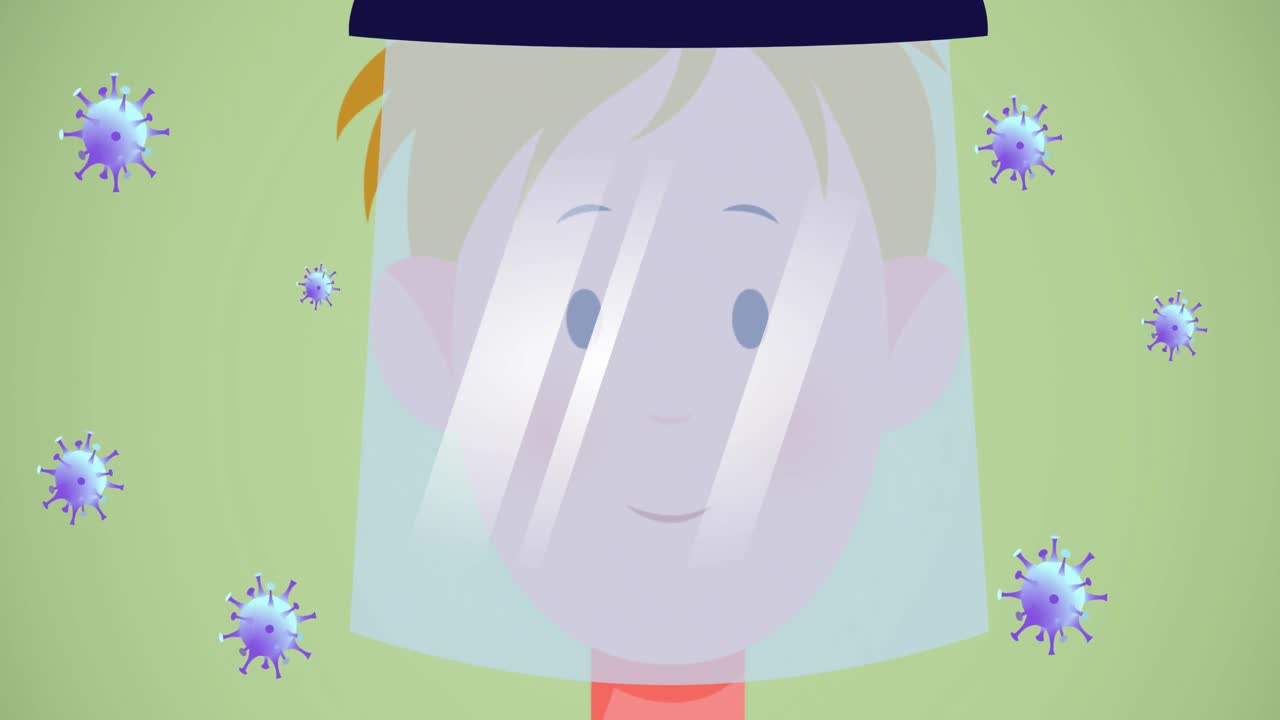 바이러스 아이콘 위에 얼굴 방패를 가진 남자의 애니메이션