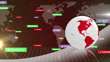 social media notifications and messages animation over world map with red globe