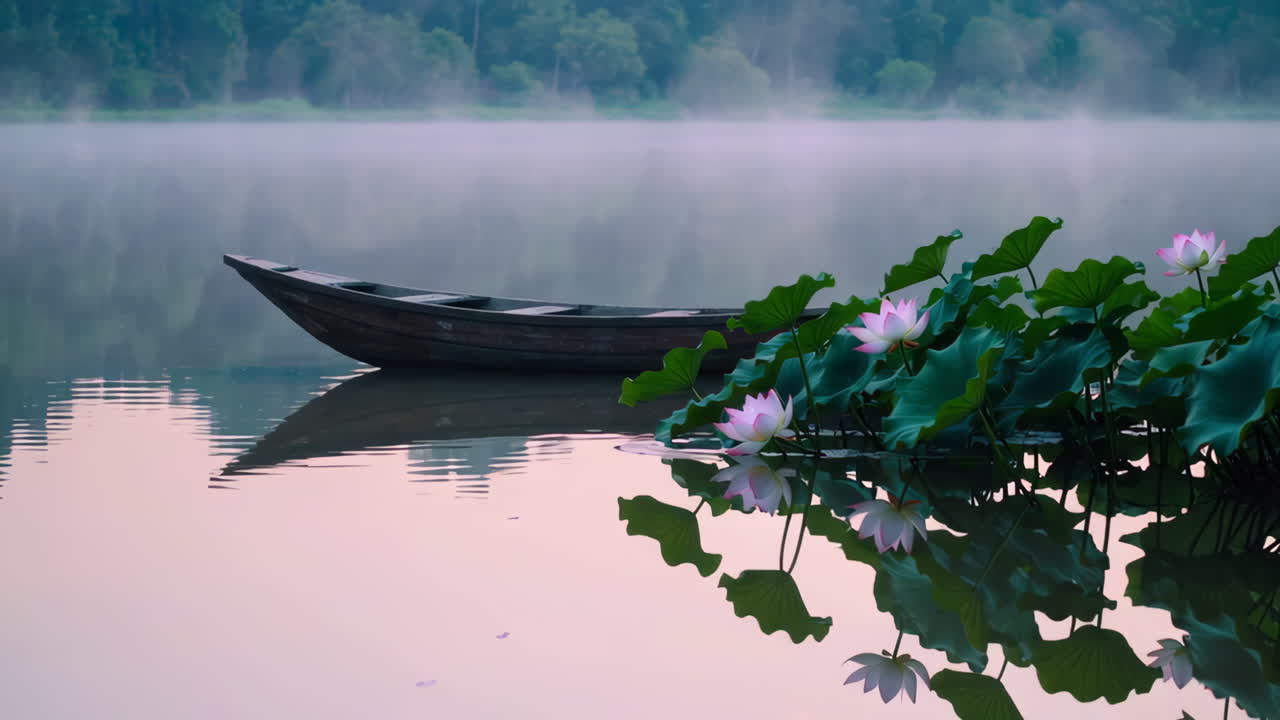 Peaceful Morning on a Misty Lake with Lotus Flowers and a Boat