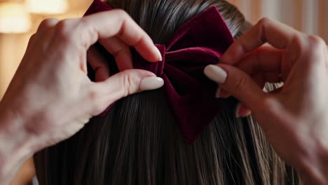 close-up of hands adjusting a red velvet hair bow