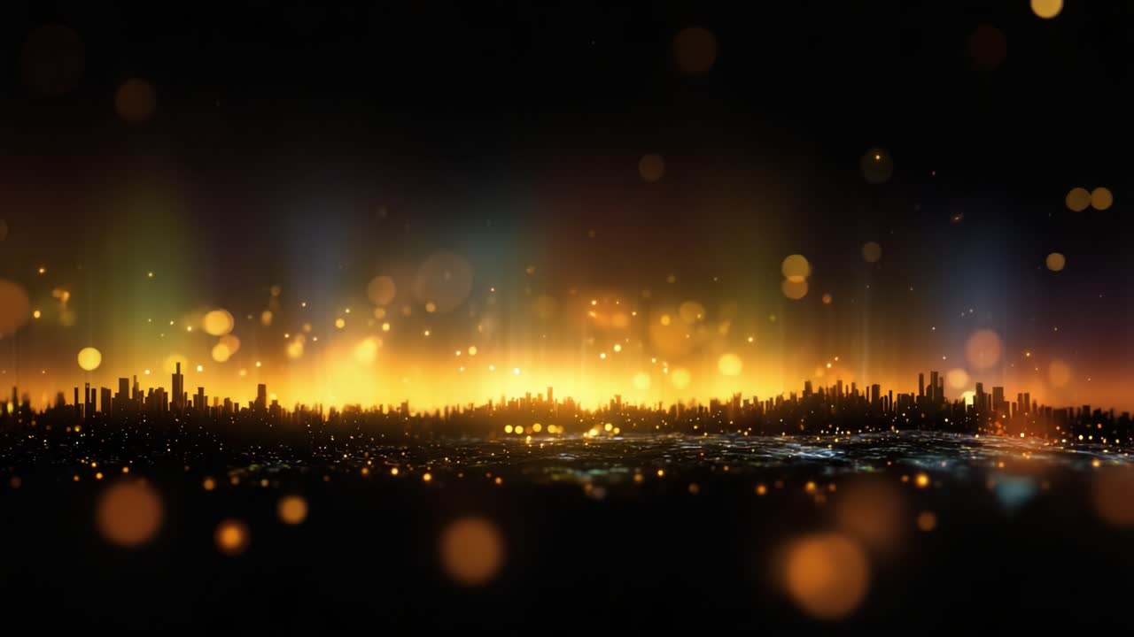 En fascinerende skyline oplyst af et vandfald af funklende lys, der skaber en drømmeagtig atmosfære fyldt med levende farver og fængslende brilliance.