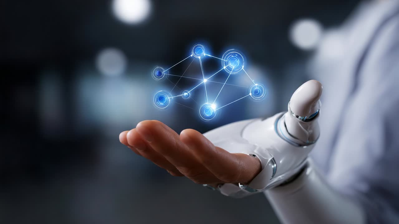 A Futuristic Robotic Hand Demonstrating Advanced Connectivity Through a Holographic Sphere, Depicting Complex Networks and Data Interactions in a Digital World of Innovation and Technology Advancement