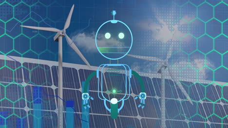 robot animation over wind turbines and solar panels, representing renewable energy