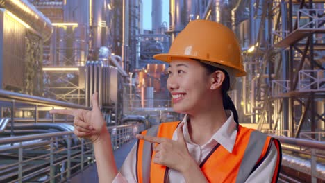 close up of asian female engineer with safety helmet smiling and pointing to side while standing at a vast oil refinery