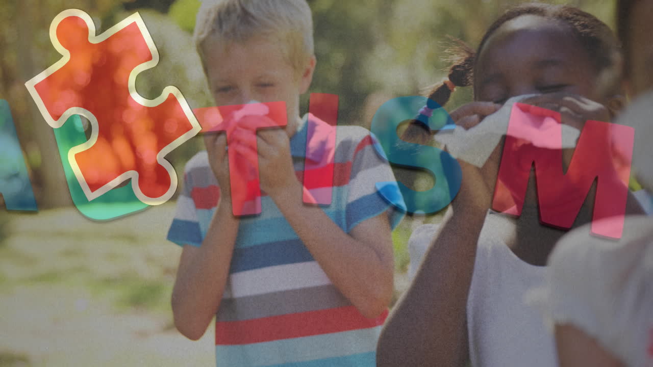 다채로운 퍼즐 조각과 자폐증 텍스트의 애니메이션 어린이 친구들이 재채기 코