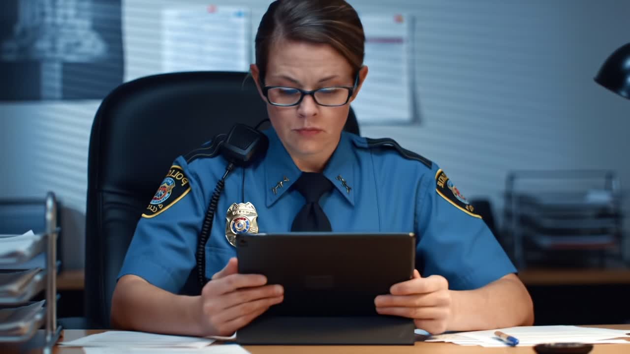Focused Police Officer Engaged with Tablet in a Modern Office Environment Highlighting Law Enforcement's Use of Technology for Effective Communication and Decision Making