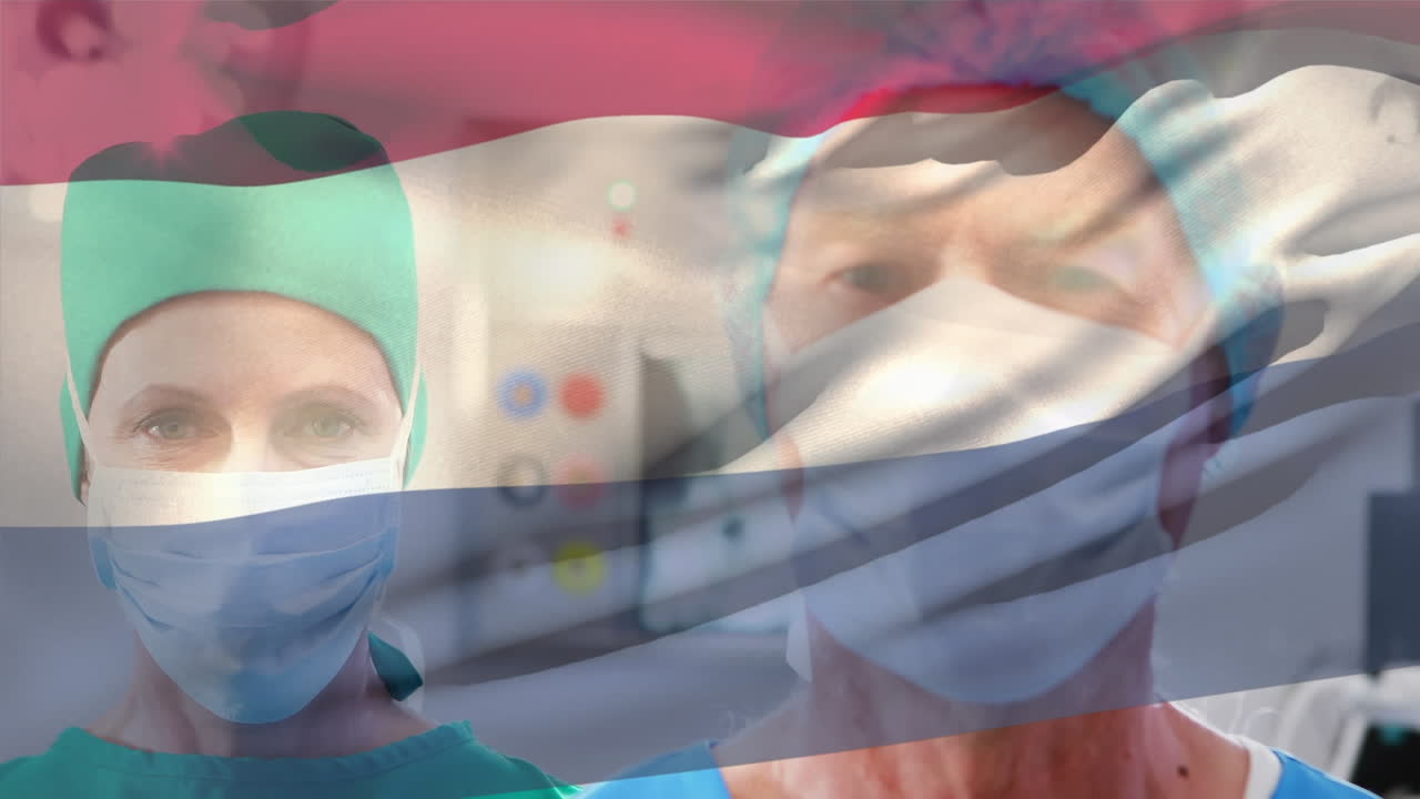 병원에서 백인 남성과 여성 외과 의사의 초상화에 대항하여 러시아 발을 흔들고 있는 애니메이션