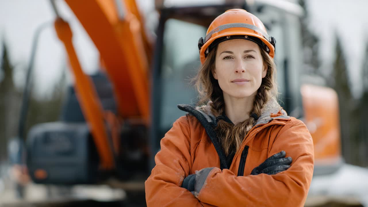 Construction worker in front of excavator