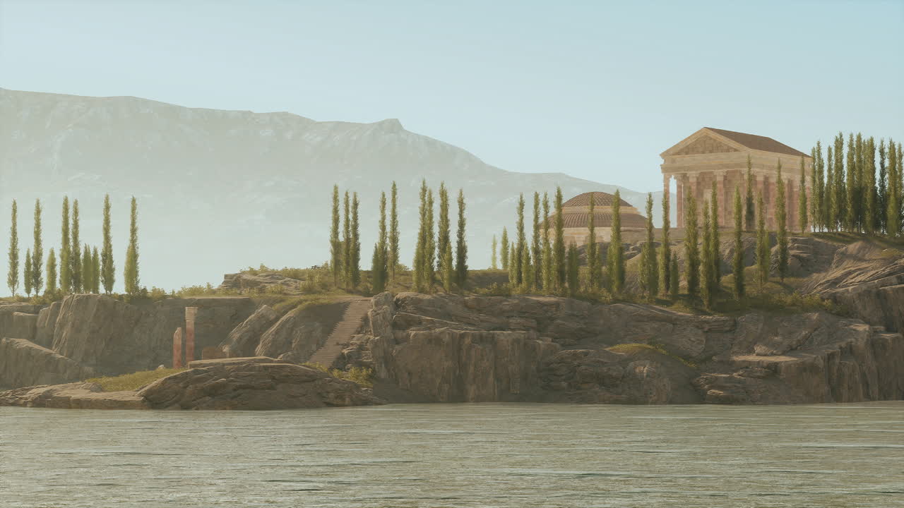 Exploring the ancient ruins of a roman temple by the serene lakeside